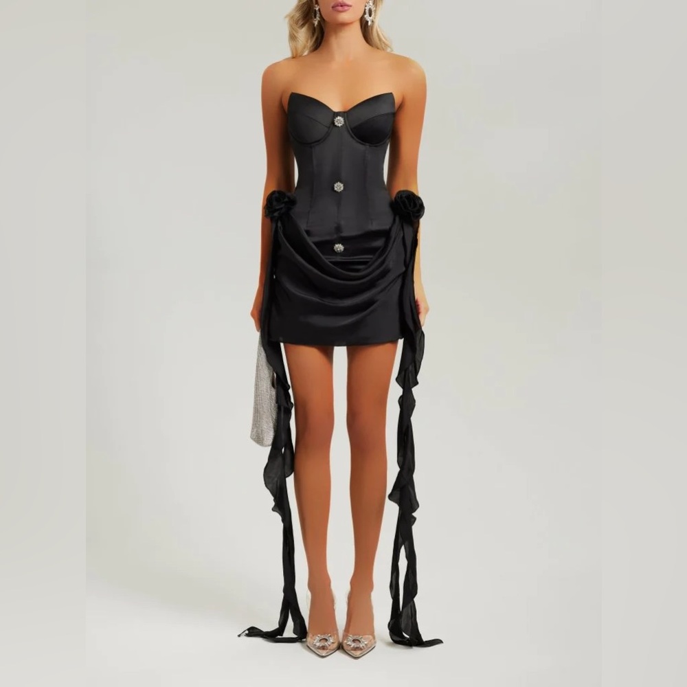 BLACK CRYSTAL SATIN DRAPE FLOWER MINI DRESS